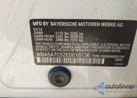 2014 BMW 528I xDrive z USA, uszkodzony, nr VIN WBA5A7C52ED616136